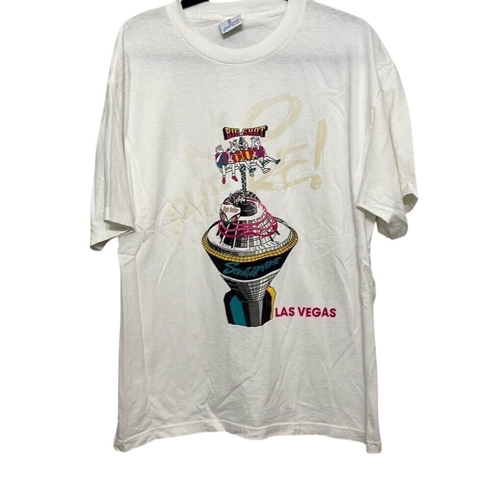 Vintage 90's Stratosphere Mens White Big Shot Roller Coaster Graphic T-Shirt XL
